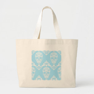 blue victorian skulls large tote bag