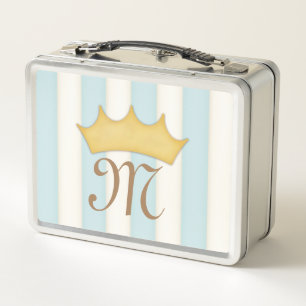 Blue Victorian Stripes Crowned Monogram Princess Metal Lunch Box