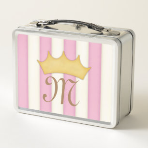 Blue Victorian Stripes Crowned Monogram Princess Metal Lunch Box