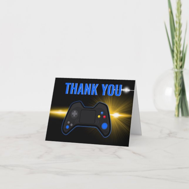 Blue Video Game Birthday Folded Thank You Card (Front)