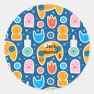 Blue Video Game Pattern Personalised Birthday  Classic Round Sticker