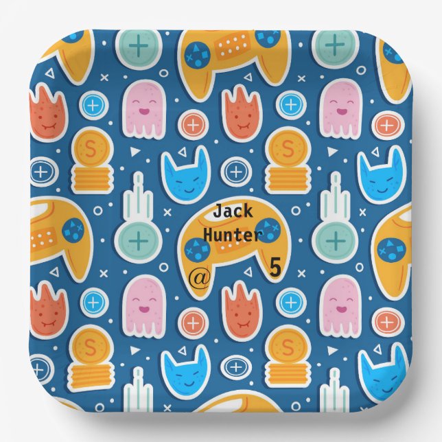Blue Video Game Pattern Personalised Birthday  Paper Plate (Front)