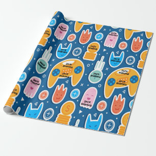 Blue Video Game Pattern Personalised Birthday  Wrapping Paper