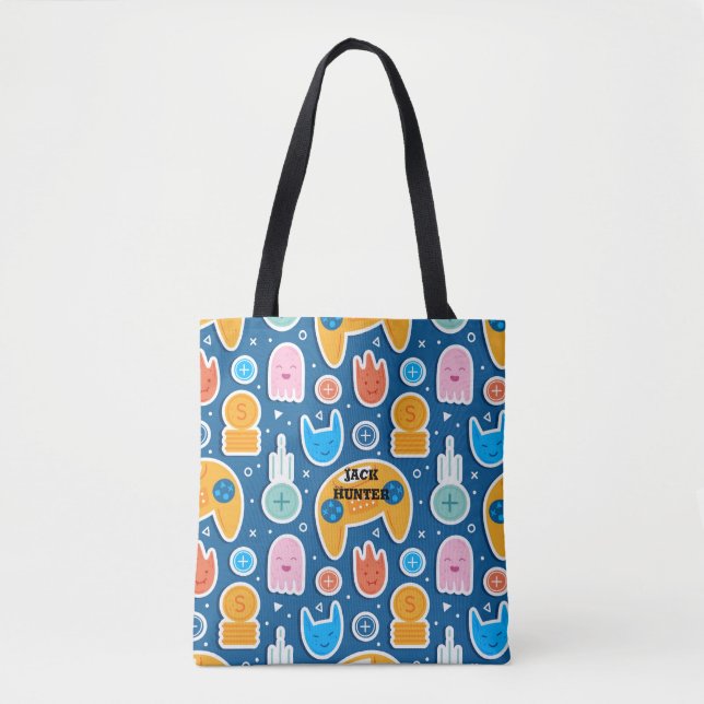 Blue Video Game Pattern Personalised Tote Bag (Front)