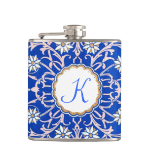 Blue Vine Flower Monogram Flaski Hip Flask