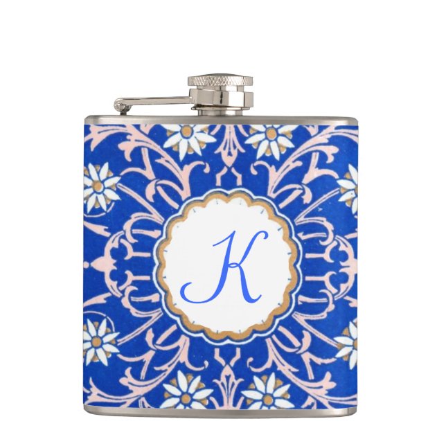 Blue Vine Flower Monogram Flaski Hip Flask (Front)