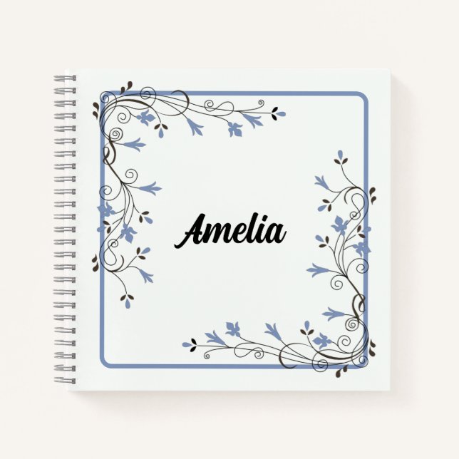 Blue Vine Frame Custom Name Country Notebook (Front)