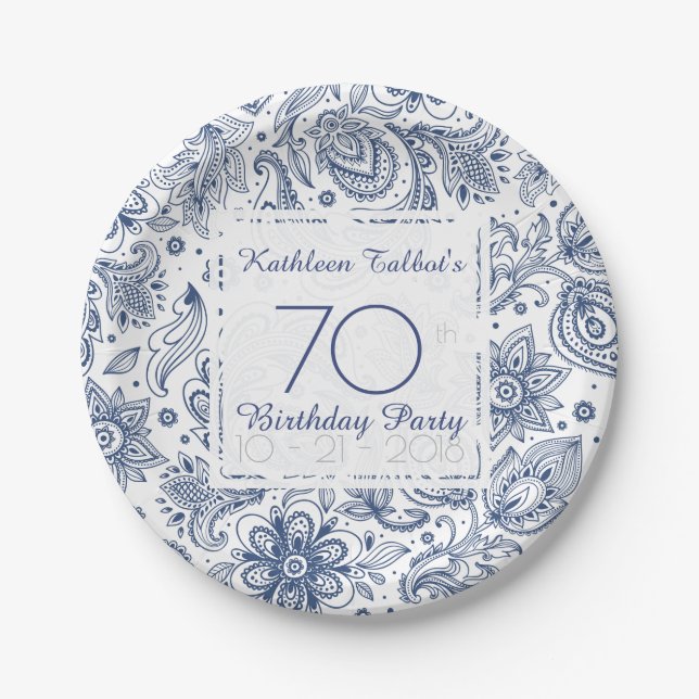 Blue Vintage 70th Birthday Party Paper Plate (Front)