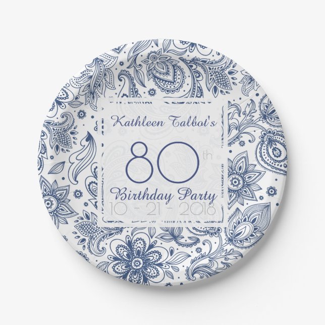 Blue Vintage 80th Birthday Party Paper Plate (Front)