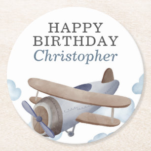 Blue Vintage Aeroplane Birthday Party Round Paper Coaster