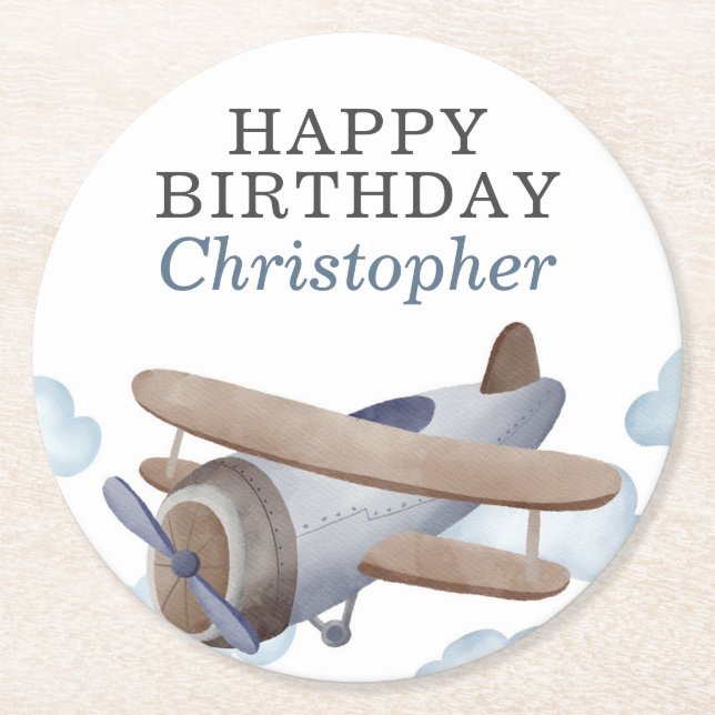 Blue Vintage Aeroplane Birthday Party Round Paper Coaster (Front)