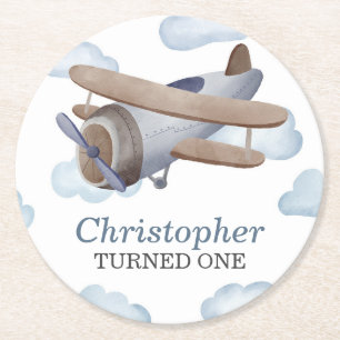 Blue Vintage Aeroplane Birthday Party Round Paper Coaster