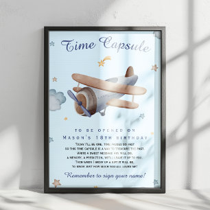 Blue Vintage Aeroplane Time Capsule 1st Birthday Poster