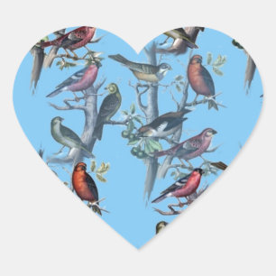 Blue Vintage Art Birds pattern accessories LeahG Heart Sticker