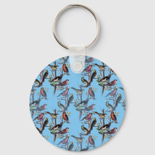 Blue Vintage Art Birds pattern accessories LeahG Key Ring