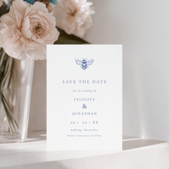 Blue Vintage Bee Photo Wedding Save The Date (Creator Uploaded)