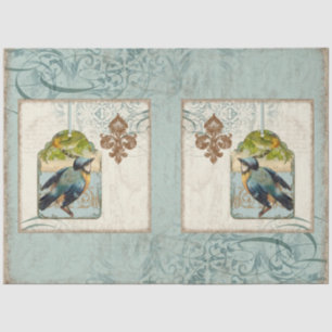 Blue Vintage Bird French Fleur de Lis Decoupage Tissue Paper