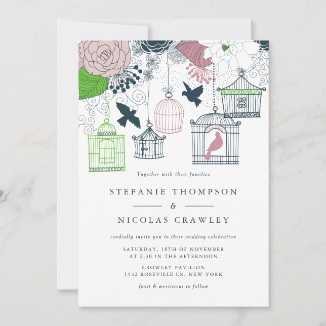 Blue Vintage Birdcages Floral Wedding Invitation (Front)