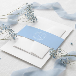 Blue Vintage Bow Floral Crest Monogram Wedding Invitation Belly Band