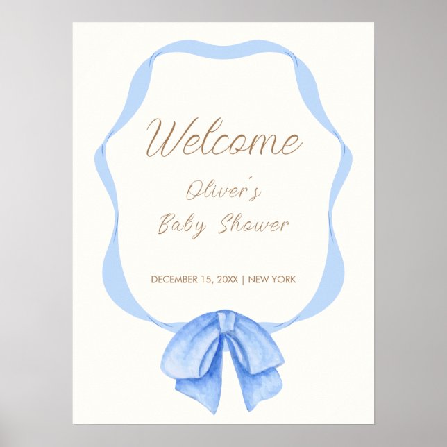 Blue Vintage Bow Ribbon Boy Baby Shower Welcome Poster (Front)