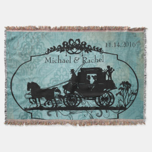 Blue Vintage Bride and Groom Horse and Buggy Throw Blanket
