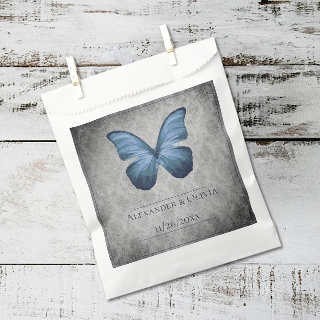 Blue Vintage Butterfly Damask Wedding Favour Bag (Blue Vintage Butterfly Damask Wedding Favor Bags)