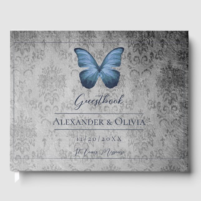Blue Vintage Butterfly Damask Wedding Guest Book (Front)
