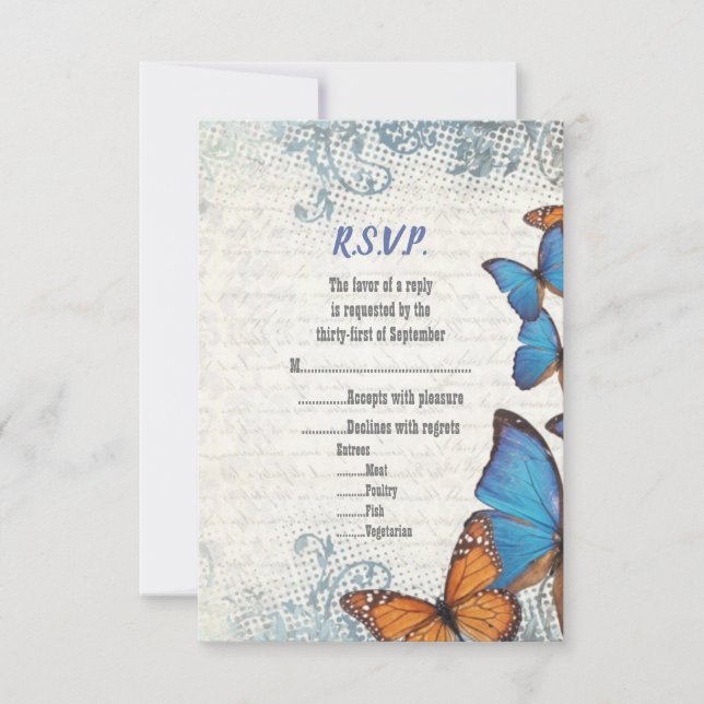 Blue vintage butterfly RSVP Card (Front)