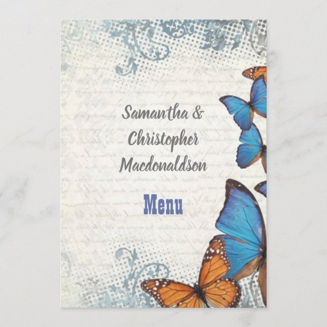 Blue vintage butterfly wedding menu (Front)