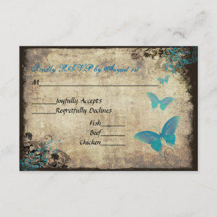 Blue Vintage Butterfly Wedding RSVP Card