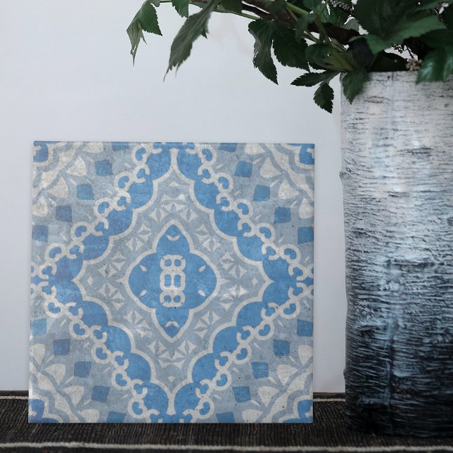 Blue Vintage Cement Looking Geometric Pattern Ceramic Tile (Creator Uploaded)
