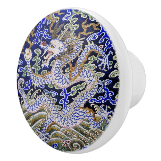 blue vintage Chinese tattoo Embroidery dragon Ceramic Knob (Right)