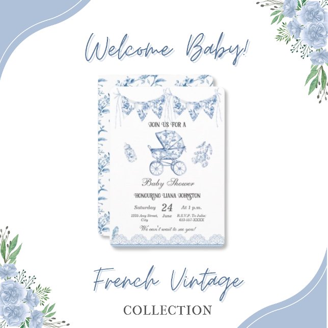 Blue Vintage Chinoiserie-Baby Shower Invitation (baby-shower-vintage-baby-carriage-invitations)