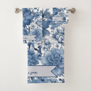 Blue Vintage Chinoiserie Floral Personalised Bath Towel Set