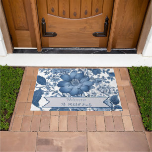 Blue Vintage Chinoiserie Floral Personalised Doormat