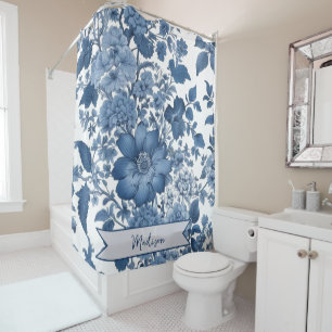 Blue Vintage Chinoiserie Floral Personalised Shower Curtain