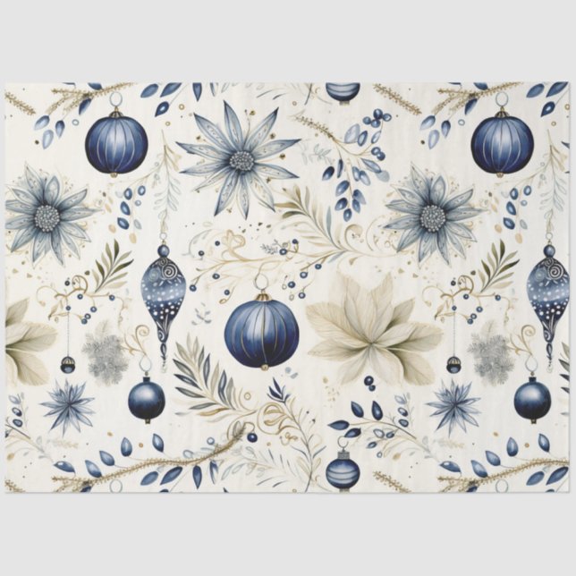 Blue Vintage Christmas Floral Decoupage  Tissue Paper (Front)
