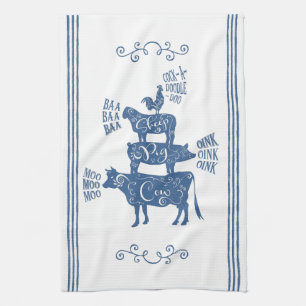 Blue Vintage Country Farmhouse Stacked Farm Animal Tea Towel