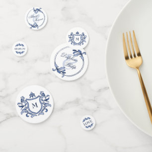 Blue Vintage Crest Monogram Names Wedding Confetti