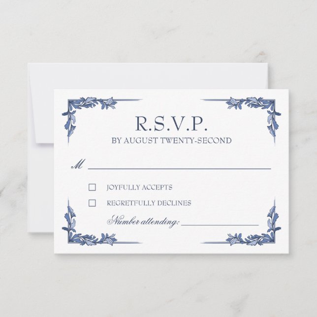 Blue Vintage Crest Monogram RSVP Card (Front)