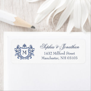 Blue Vintage Crest Monogram Wedding Return Address Label
