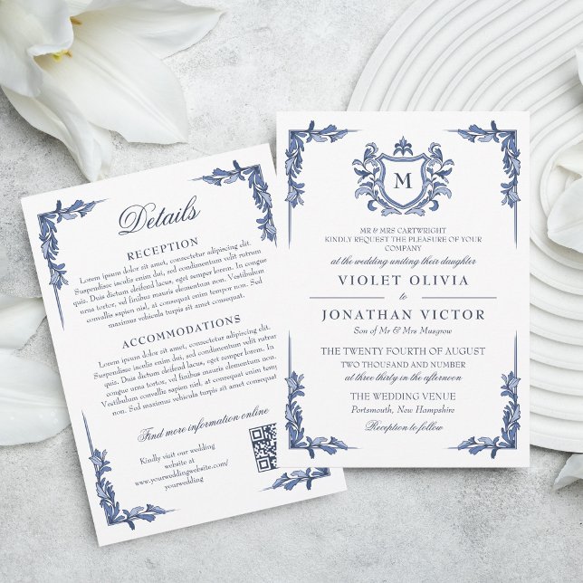 Blue Vintage Crest Monogram Wedding with Details Invitation (Creator Uploaded)
