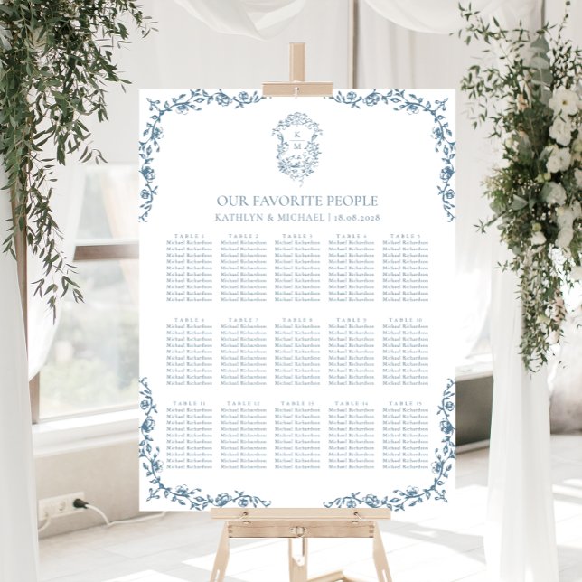 Blue Vintage Crest Wedding 15 Table Seating Chart (Creator Uploaded)