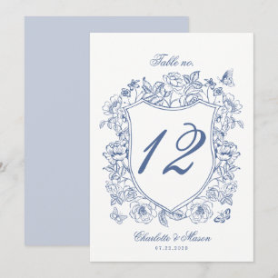 Blue Vintage Crest Wedding Table Number Card
