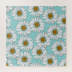 Blue Vintage Daisy Floral Pattern Jigsaw Puzzle