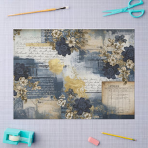 Blue Vintage Denim Floral Decoupage Print Tissue Paper
