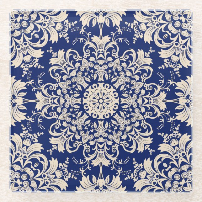 Blue Vintage: Elegant Seamless Pattern. Glass Coaster (Front)