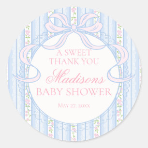 Blue Vintage Fancy Floral Baby Shower Circle Classic Round Sticker