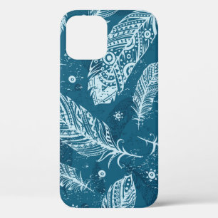 Blue vintage feather pattern iPhone 12 case