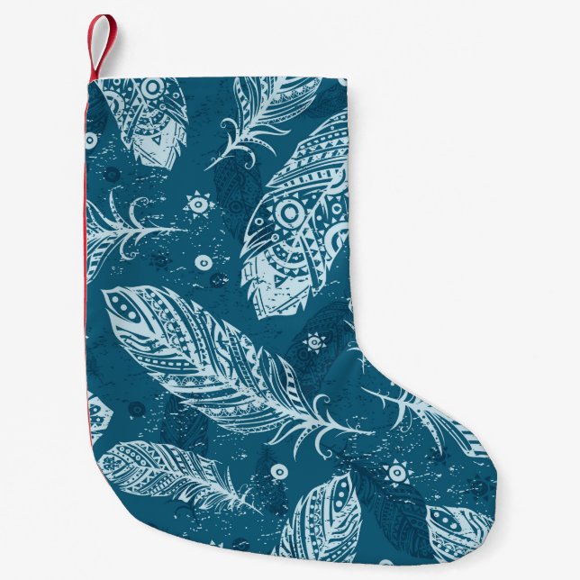 Blue vintage feather pattern small christmas stocking (Front)